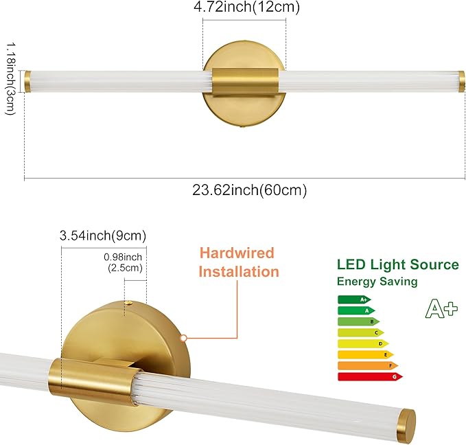 LED Bathroom Light Fixtures, Gold Vanity Lights for Bathroom, 360° Full Lighting Dimmable LED 24 inch Vanity Light Bar Over Mirror, Hardwired Modern Wall Sconce Warm White for Bedroom Living Room