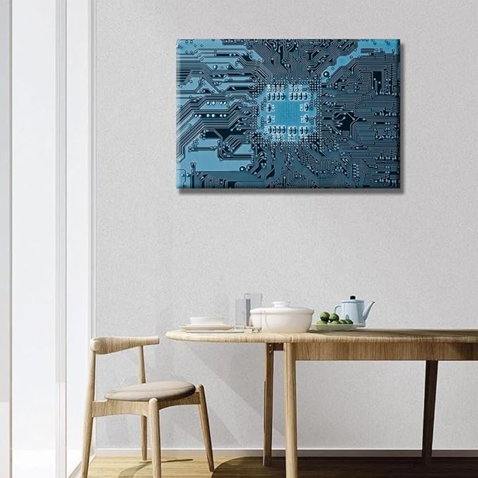 LSIUHWUWI Canvas Wall Art for Living Room Electronic PC Blue Electronic Circuit Wall Art CPU Concept Vault Door and Binary Code Inside Home Decor Electronic Board Picture Ready to Hang 16X24 INCH