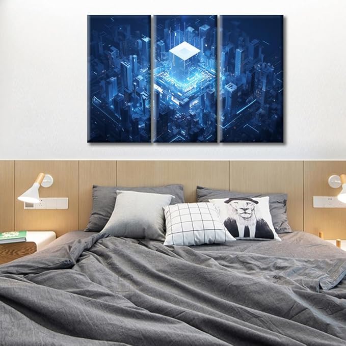 Wall Art for Living Room Large Smart City Painting Framed Abstract Cube Shape Artwork AI Advanced Circuitry Canvas Print for Living Room Bedroom Home Decorations Wall Decor 60"Wx40"H