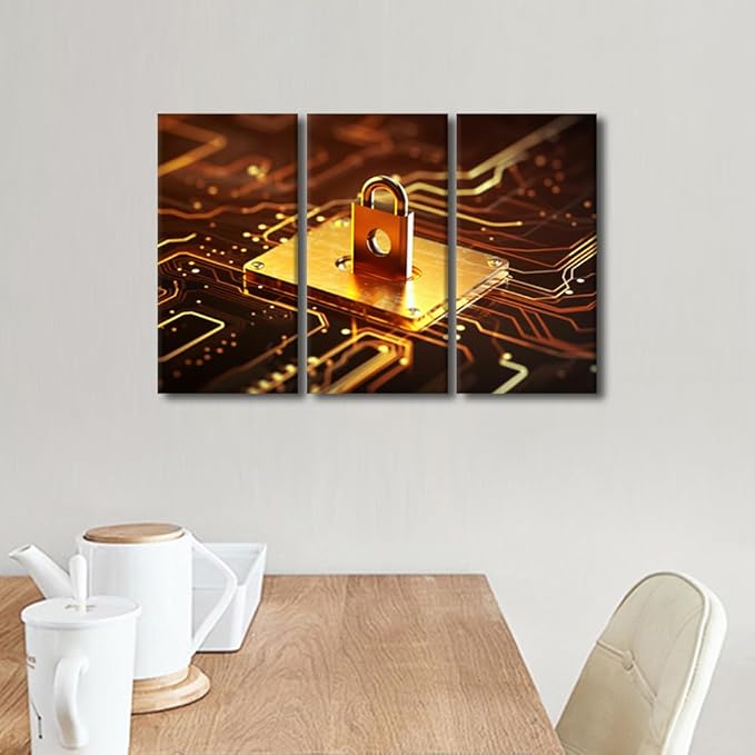 Framed Wall Art 3 Panel Canvas Wall Decor Cyber Security Concept Pictures Print on Canvas for Living Room Bedroom Decoration, Artificial Intelligence Artwork Ready to Hang, 36" Wx24 H