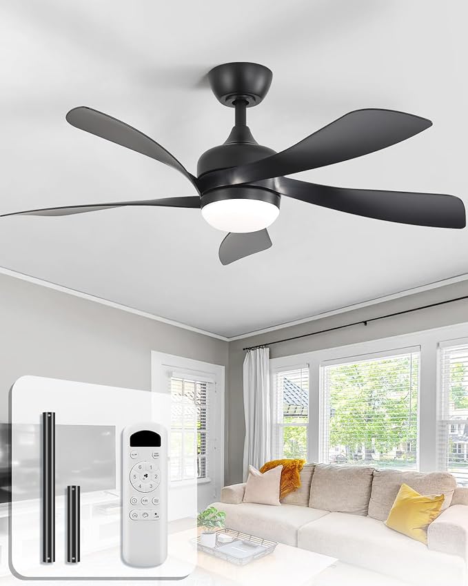 Sofucor 45 Inch Ceiling Fan with Lights and Remote, Indoor/Outdoor Ceiling Fan with Light 6-Speed 3 CCT 3-Timer, Low Profile Black Ceiling Fan 5 Blade Quiet DC Motor for Bedroom Living Room Patio