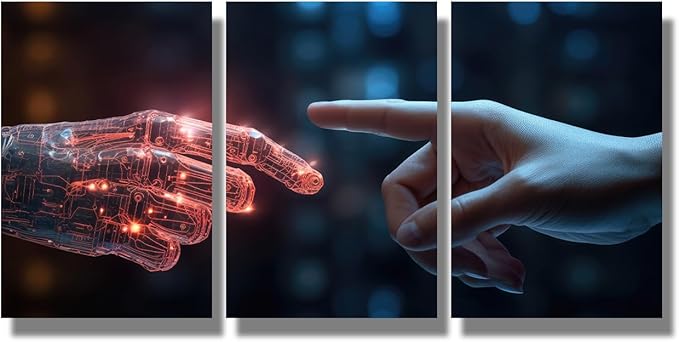 LSIUHWUWI Modern Wall Art 3 Panel The Human Finger touches the Robot's Finger Picture Prints on Canvas for Living Room Computer Room,Office Wall Decoration, Framed Ready to Hang 12x16inchx3