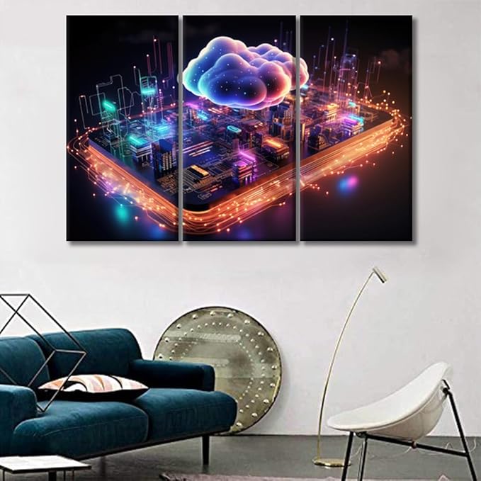 LSIUHWUWI 3 Panel Wall Art for Living Room, Cloud Computing Concept Picture Prints on Canvas for Living Room Bedroom Wall Decoration Wooden Framed Ready to Hang, 20x40inchx3