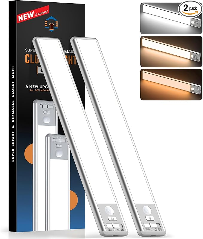 BLS 10inch Under Cabinet Lighting, 80 LED Motion Sensor Light Indoor, 1800mAh Rechargeable Wireless Closet Lights, 4 Sensor Modes, 3 Color Dimmable Magnetic Under Counter Lights for Kitchen, 2 Pack