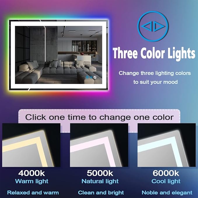 30 x 20 Inch Square LED Bathroom Mirror with Front Lights 3 Color + Rainbow RGB Backlit Light up Mirror for Bathroom Wall Mounted Lighted Vanity Mirror Anti Fog RGB 30x20 Smart Lighted Mirror