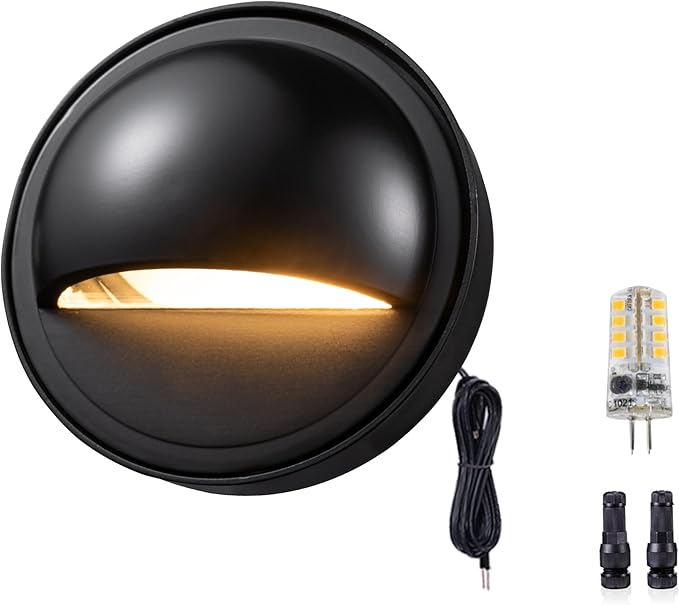 Gardenreet Solid Brass Deck Light - Low Voltage LED Step Light Outdoor, Landscape 12V Hardwired Waterproof, Round Black Lighting for Stair Fence Wall Yard with 2700K Warm White G4 Bulb