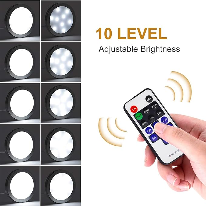 AIBOO Linkable Under Cabinet LED Lighting 12V Dimmable Puck Lights with Wireless RF Remote Control, Hardwired & Wall Plug in for Display Lighting(10 Lights, Daylight White)