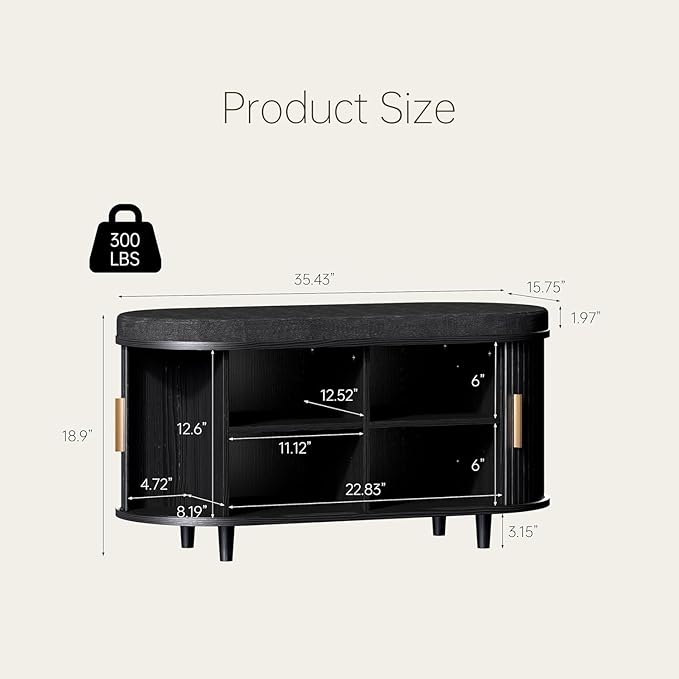 Entryway Bench with Storage: 35.4" Wooden Bedroom Shoe Bench with Thickened Padded Seat Cushion, Mid Century Modern Fluted Sliding Door and Adjustable Shelf, for Entryway, Living Room