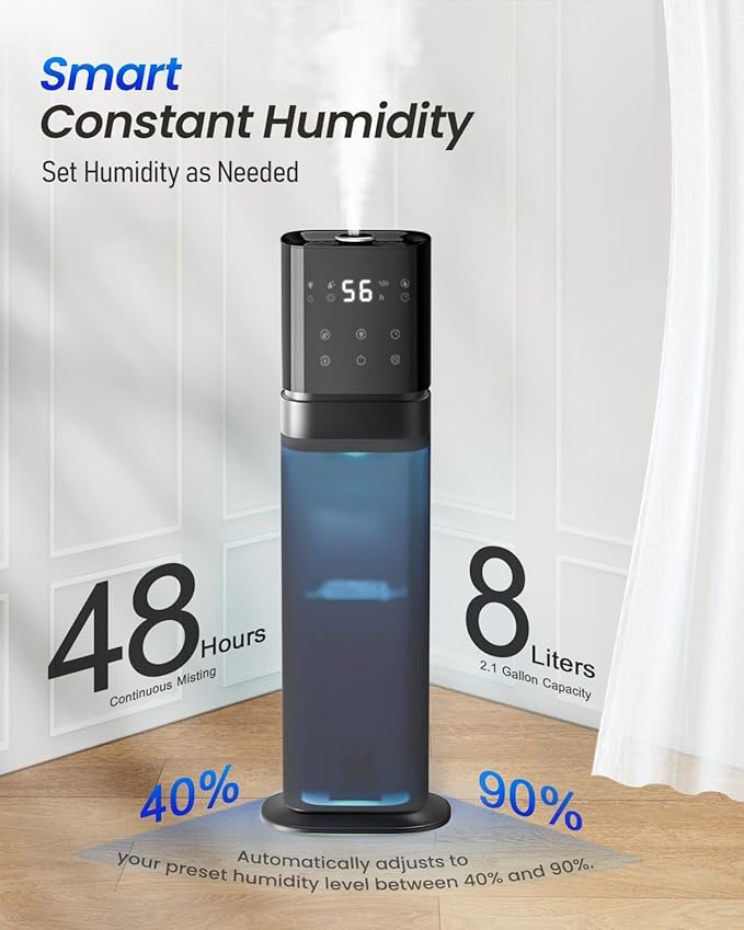 Humidifiers for Bedroom 2.1Gal/8L, Smart Humidifier Large room, Cool Mist Humidifiers for Bedroom Large Room with Extended Tube, WIFI App&Voice Control, Humidifiers for Home Baby Plants, Blue