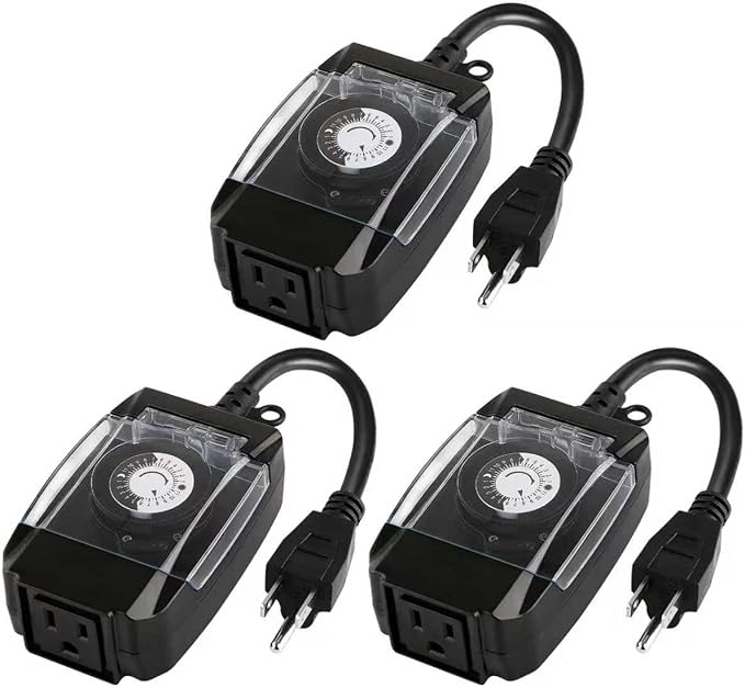 Outdoor Timer Outlet Waterproof, 24 Hour Mechanical Timer Outlet for Home and Garden, Single Grounded, 15A 3/4HP, Black, 3 Pack