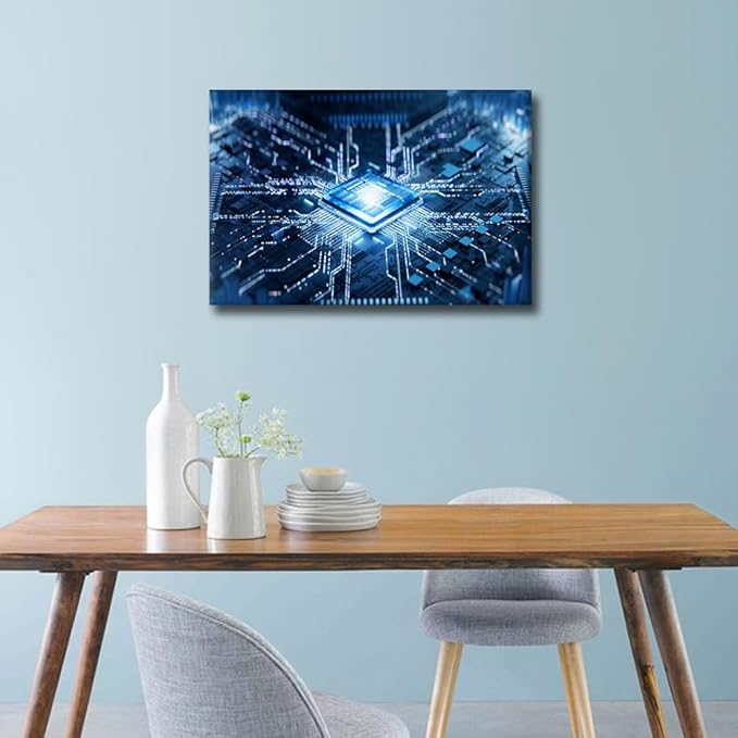 TUMOVO Wall Art for Living Room Technology Digital Art Bedroom Wall Decor Futuristic CPU Wall Paintings for Office Internet Concept Print On Canvas Modern Artwork Framed Ready to Hang, 24x16in