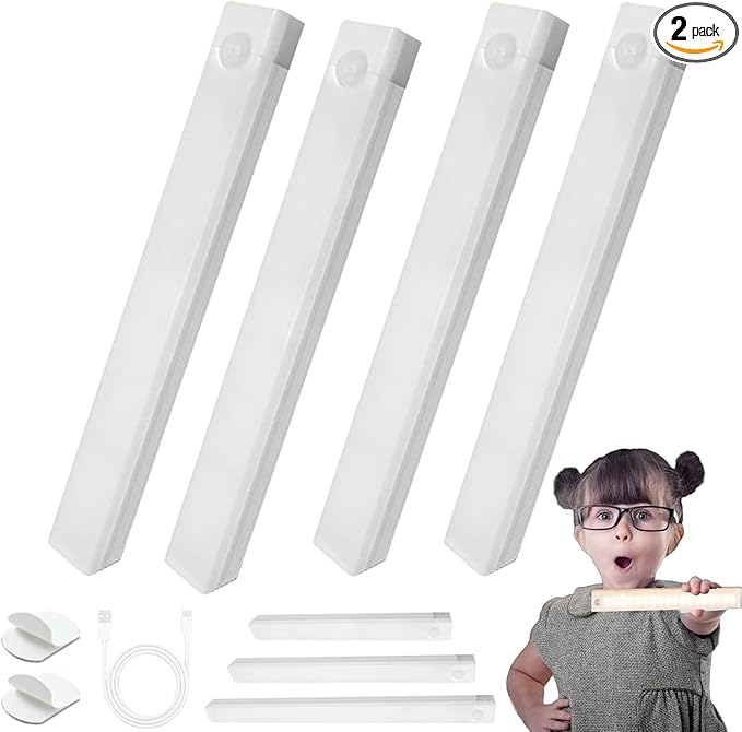 2025 Upgraded Punch-Free Smart Sensor Magnetic Rechargeable LED Lights, Rechargeable Motion Sensor Light, Wireless Motion Sensor Indoor Lights, Stick On Lights for Kitchen/Stairs (4PC-White, 11.8in)