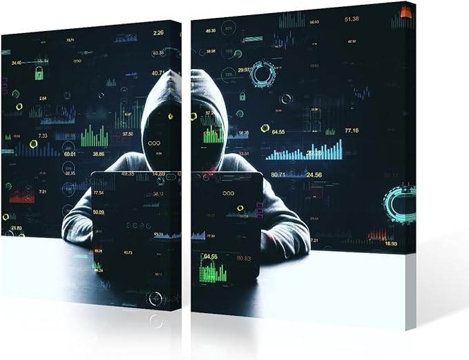 3 Pieces Hacker Malware Wall Art Poster on Canvas Framed Art Paintings Home Decor Big Data Modern Artwork Picture Giclee Print for Modern Home Framed Decoration, 24" Wx16 H