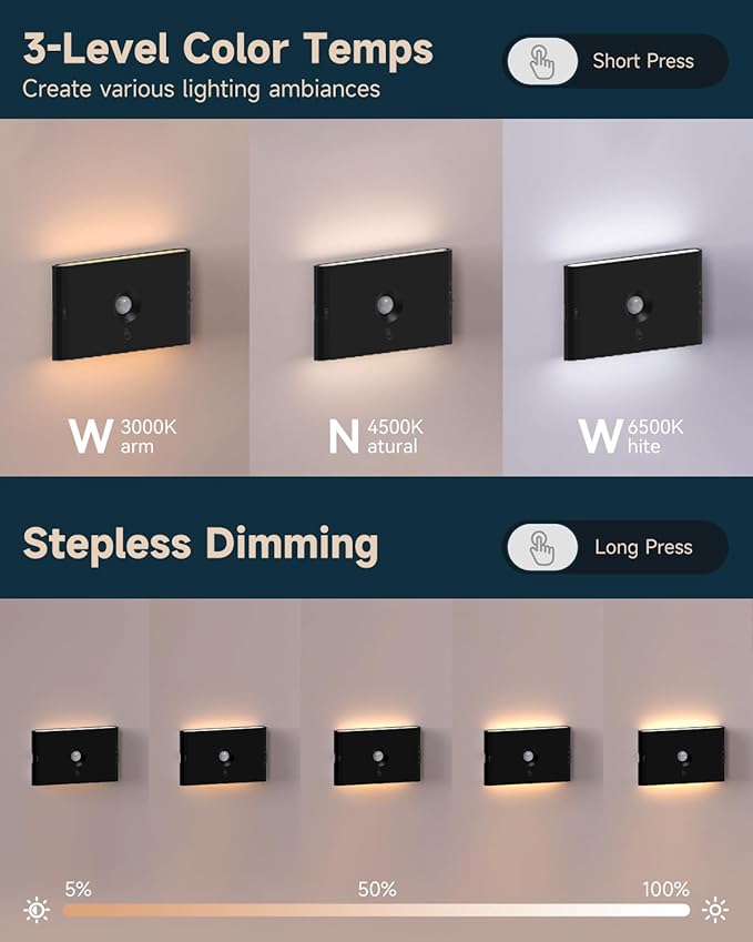 Yiliaw 6-Pack Rechargeable Motion Sensor Stair Lights Black, Dimmable Night Lights with 3 Modes & 3 Color Temperatures, Magnetic, Stick-On Stair Lights Indoor for Hallway, Stairway, Bathroom, Kitchen
