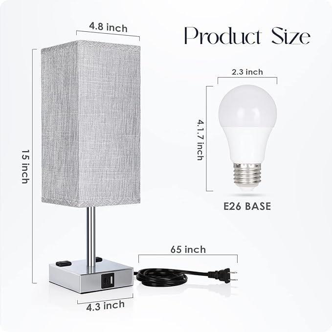 Soilsiu Bedside Lamp with USB Ports - Touch Control Table Lamp for Bedroom with USB C+A Charging Ports & AC Outlets, 3 Way Dimmable Nightstand Light for Living Room (LED Bulb Included, Chrome - Grey)
