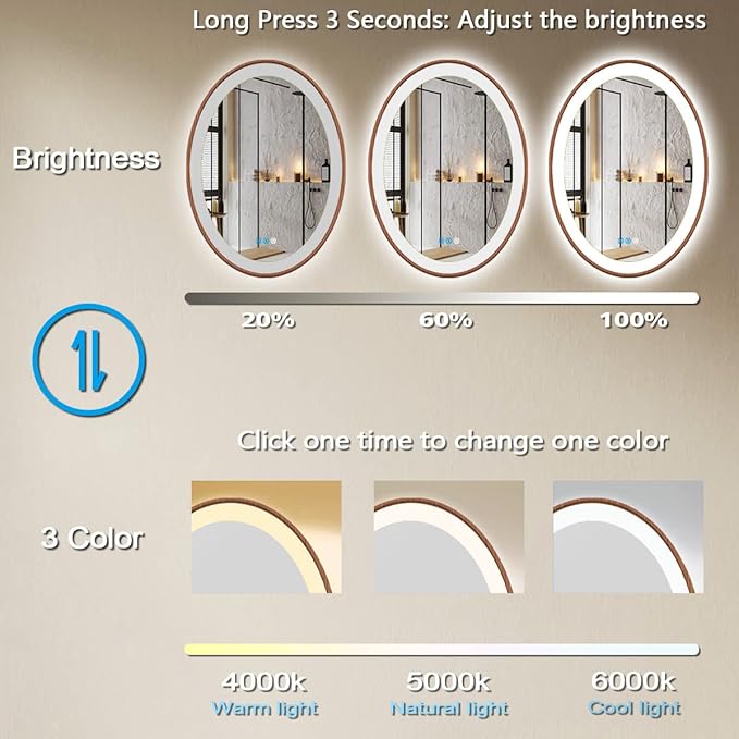20 x 30 Inch Bathroom LED Oval Wood Mirror with Light Wood Frame Oval Lighted Vanity Mirror with Lights for Bathroom Wall Mounted Smart Memory 3 Color Dimmable AntiFog Wooden Grain