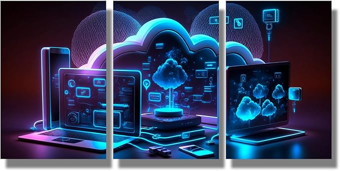 LSIUHWUWI Cloud Storage Communication with Computer Pictures for Bedroom Wall Decor 3 Panel Wall Art Posters and Prints Wall Hanging Decor Modern Home Decor Ready to Hang 16x24inchx3