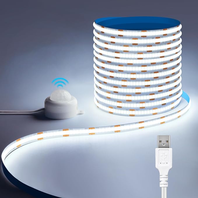 USB 5V COB LED Strip Light 6.56ft/2M Motion Sensor LED Light Strip 6500k White LED Strip Cabinet Light for Bedroom,Kitchen, Wardrobe, Stair Lighting (White)