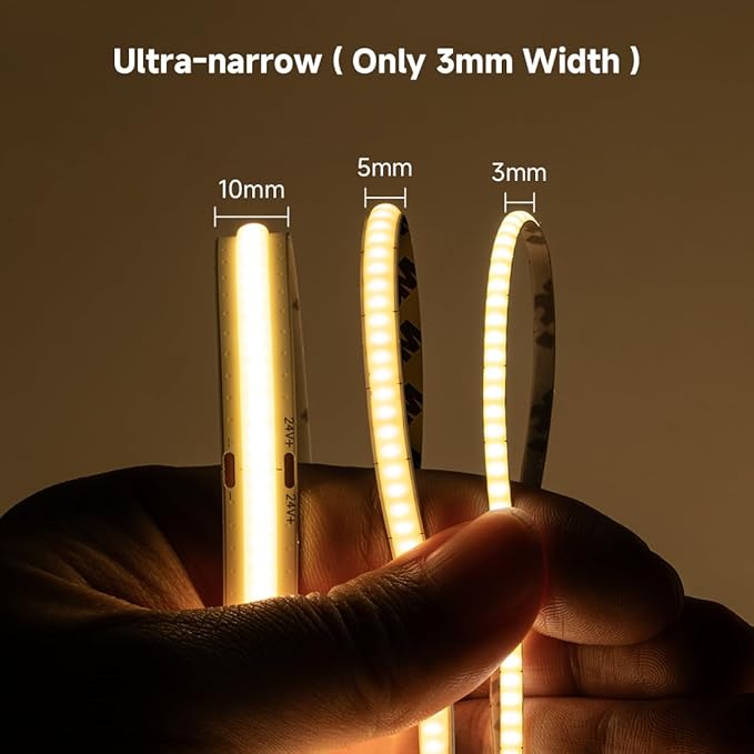 BTF-LIGHTING FCOB COB 3mm Width UL Listed Super Narrow Flexible Uniform LED Strip Light 16.4FT DC24V 4000K CRI 90+ Dimmable LED Ribbon for Kitchen Home Indoor Decor(No Adapter or Controller)