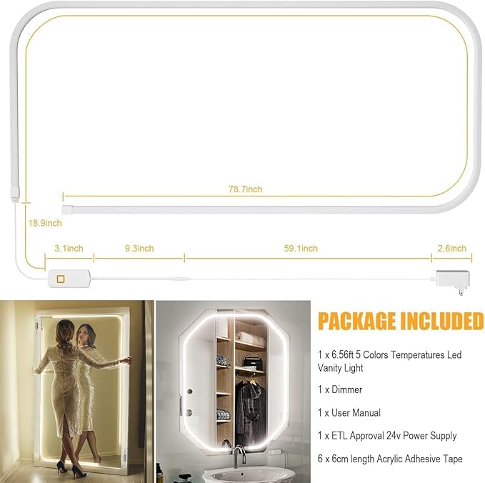 MY BEAUTY LIGHT LED Vanity Lights Strip for Mirror, 3000K-6000K Adjustable Color Temperature Bright Vanity Mirror Lights, 6.56FT Dimmable Makeup Light, ELT Approval 24V Stick on Lights for Mirror