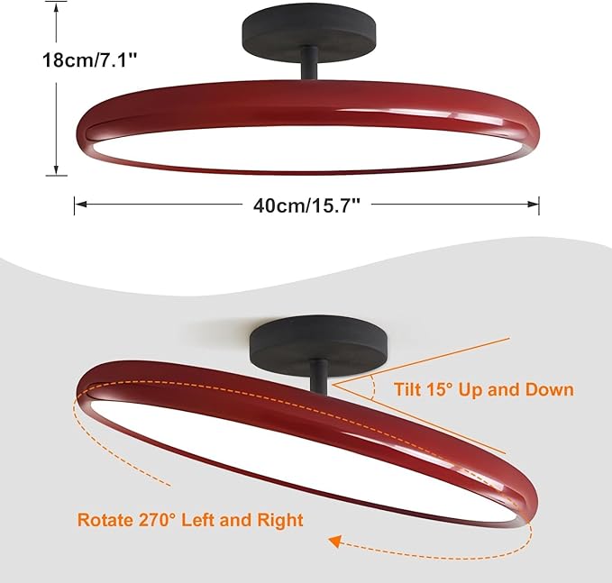KCO Lighting Modern Red Ceiling Light Fixture Large Industrial Black Flush Mount LED Pendant Lamp Mid Century Flat Rustic Semi Flush Mount Ceiling Light for Porch Hallway Entryway
