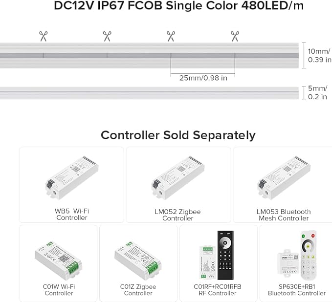 BTF-LIGHTING FCOB COB LED Strip IP67 Waterproof Flexible High Density Uniform Diffused Neon Light 16.4FT DC12V Warm White 3000K 480LED/m CRI 90+ for Indoor Decor(No Adapter or Controller)