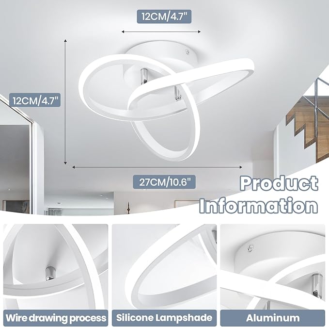 CANEOE Hallway Light Fixtures 6000K Cool White Modern Led Ceiling Light Fixtures Close to Ceiling Light for Hallway Kitchen Bedroom Bathroom Curved Design Ceiling Lamps