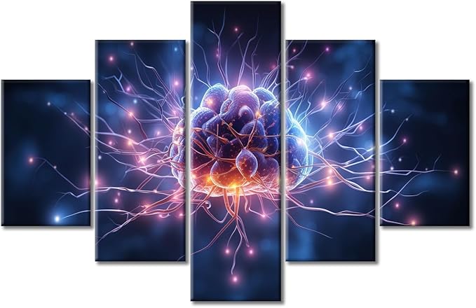 Canvas Wall Art Neural Network Wall Art for Bedroom Artificial Intelligence Concept Wall Decor Art Painting 5 Pieces Smart Brain Modern Artwork for Office Home Decor Ready to Hang (60"Wx40"H)