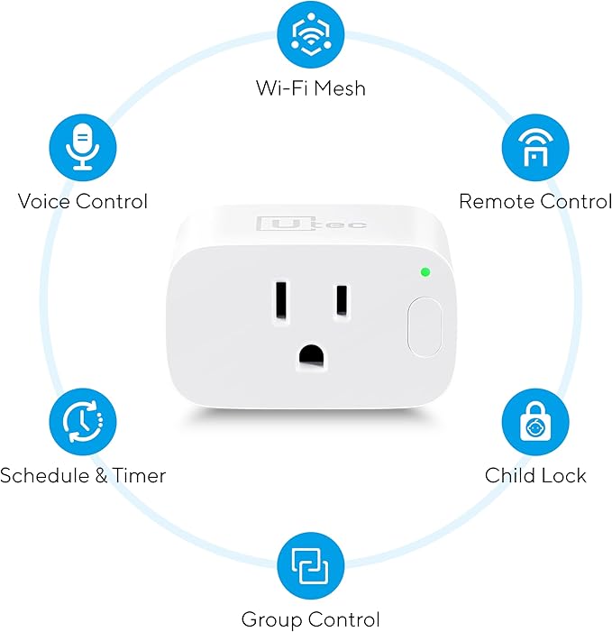 UTEC Smart Plug, Wi-Fi Mesh Outlet, 15A Ultra Efficient Smart Plug Compatible with Alexa, Google Home & IFTTT, No Hub Required, 2.4GHz Wi-Fi Only, Remote Control, ETL Certified