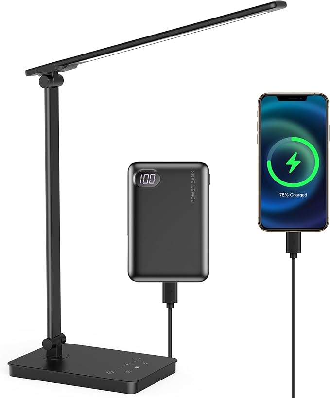 Desk Lamp Eye-Caring LED Table Lamp Dimmable Bedside Lamp with 2 USB Charging Ports and 10 Brightness Levels x 5 Colour Modes Touch Control Daylight Lamp for Office, Bedside, Reading- Auto Timer