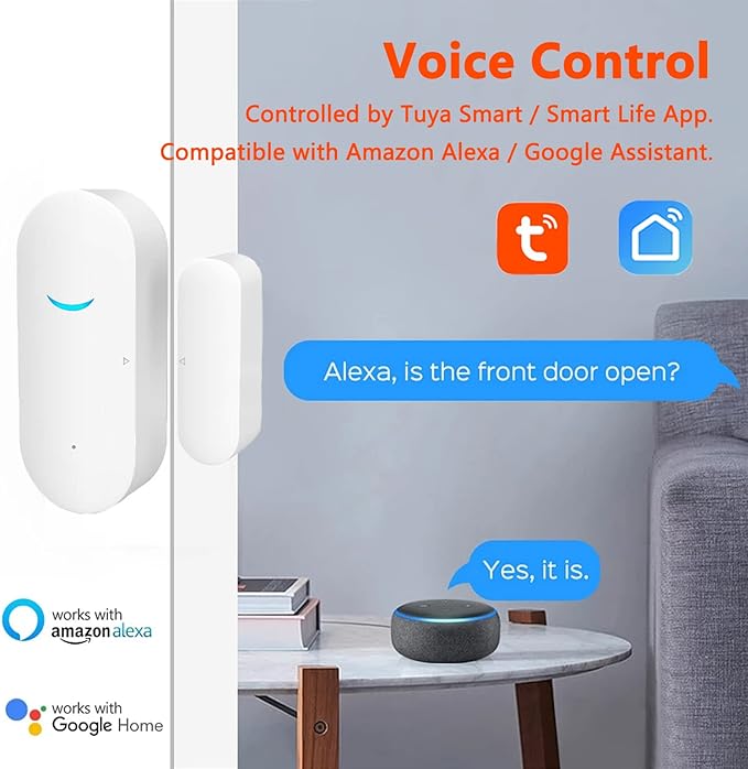 Smart Door Sensor Alarm Wireless, WiFi Door Window Detector with 2 Batteries, Smart Linkage Window Door Contact Sensor for Home Security Compatible with Alexa/Google Assistant, No Hub Required, 1 Pack