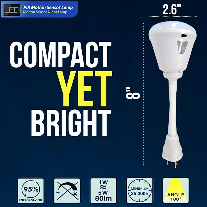 Motion Sensor Bright LED Night Light 6W 6500K Plug in Wall AC Outlet Indoor Directional Flexible Dusk to Dawn Motion-Activated Adjustable Neck Light for Garage Hallway Basement Bathroom