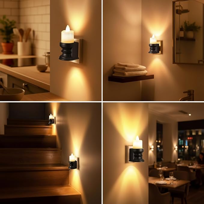 Meonum Flickering Flameless Candle Night Light Plug in, Dimmable LED Nightlight with Dusk to Dawn Sensor, Decorative Candle Light for Bedroom, Hallway, Bathroom(1 Pcs,Warm Yellow & Black Base)