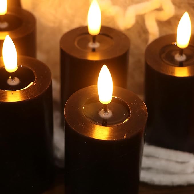 Halloween Decorations Mirror Surface Candles with Remote Timer, Battery Operated 6pcs Real Wax LED Votive Candle Realistic Flickering for for Halloween Decor Lantern Φ 2" H 4.5” Black