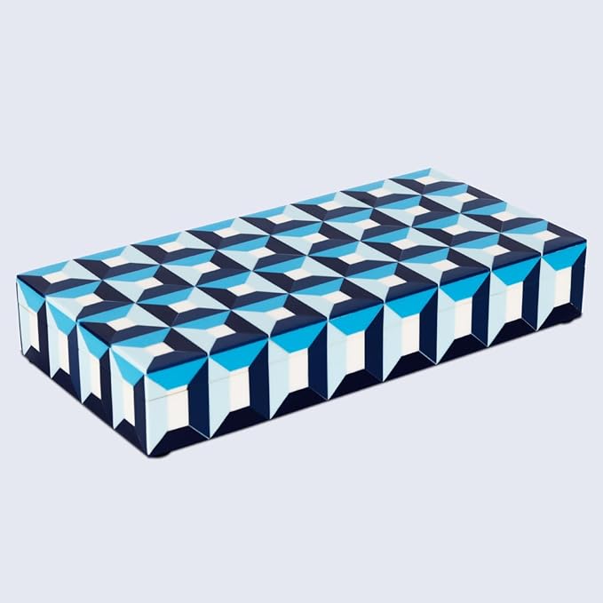 Handicrafts Home Large Blue Decorative Storage Box with Lid– Modern Coffee Table Storage Box, Geometric Resin Inlay Wooden Box, Remote Control Organizer, Keepsake Box for Coastal Decor- 12x6x2