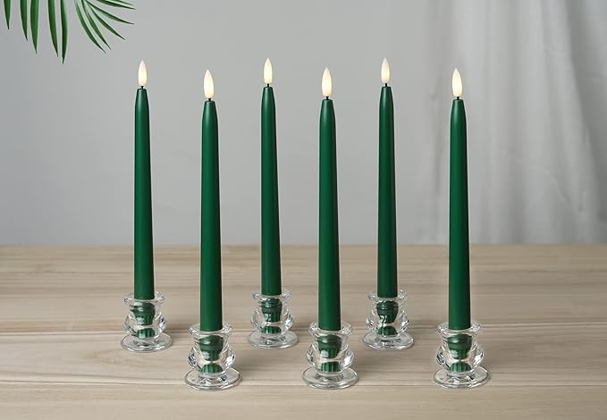 Green Flameless Taper Candles with Remote Control - 11 Inch LED Candlesticks Battery Operated, Realistic 3D Flame with Wick, Timer, Christmas Decor - Set of 6
