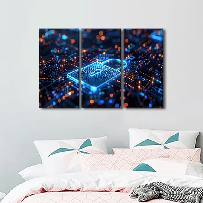 3 Pieces AI Wall Art AI Intelligence Picture Prints on Canvas Giclee Artwork Wall Decor Security Lock Symbol Framed Art Prints Modern Home Office Room Wall Decor Stretched Ready to Hang, 36" Wx24 H