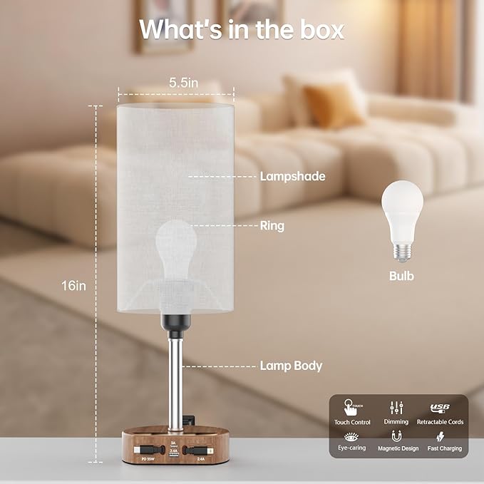 Bedside Lamp with Charging Station 74W【2 * 3.94ft Retractable Cords & 2 USB Ports】, 3 Way Dimmable Touch Lamps for Nightstand with LED Bulb, Small Desk Lamp, Set of 2, Brown Wood Grain