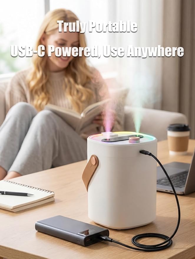 Humidifier for Bedroom, 2L Cool Mist Humidifier with Essential Oils Diffuser and Nightlight, Top Fill Humidifiers for Home, Auto Shut-Off, Carry Handle, Quiet Easy to Fill & Clean for Home