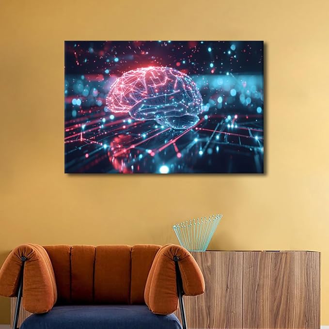 Digital Human Brain Canvas Printing Futuristic Technology Wall Art for Living Room AI Artwork Wall Art Artificial Intelligence Picture Frames Collage Wall Decor Canvas Artwork House 24"Wx36"Hx1 Panel