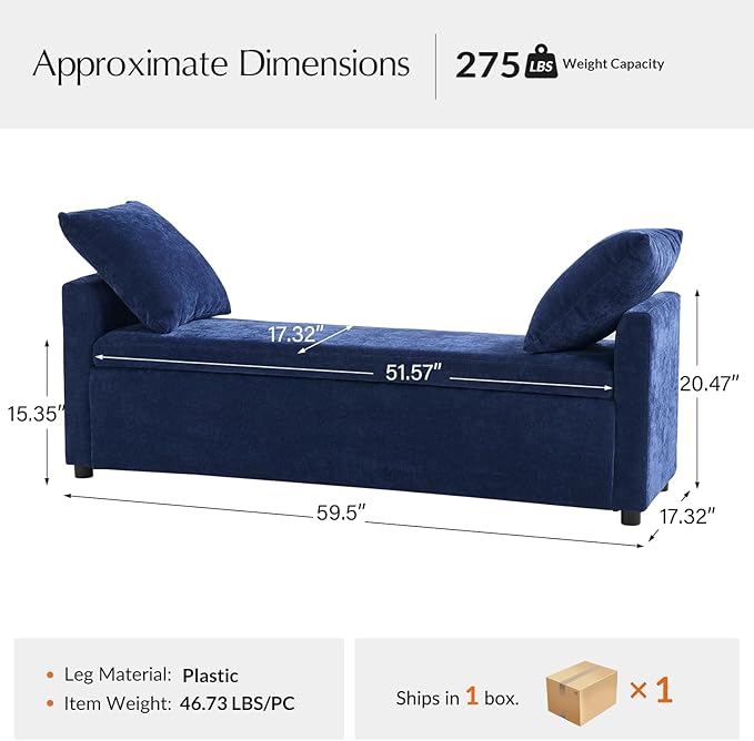 59.5" Modern Storage Ottoman Bedroom Bench, End of Bed Bench with Arms and Throw Pillows, Footrest Stool for Living, Dining Room, Entryway and Hallway, Navy