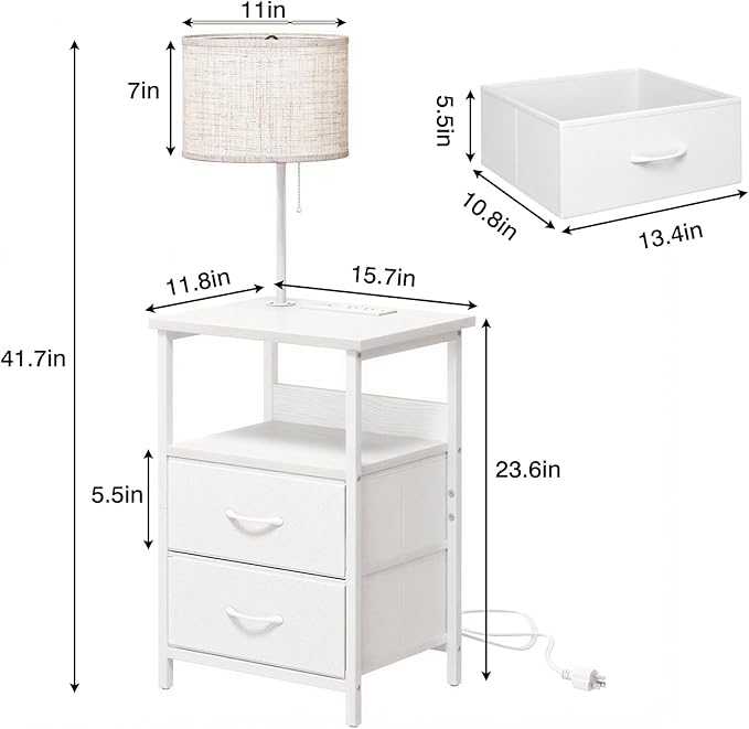 Fixwal Bedside Table with 3 Color Temperature Reading Light, Nightstand with LED Light & Charging Station End Table with Adjustable Fabric Drawer for Bedroom, Dorm, White