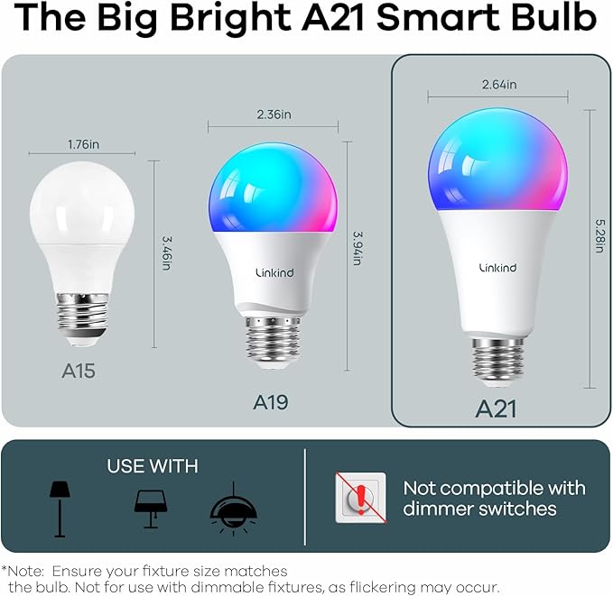 Linkind Smart Light Bulbs, 1600LM (100W Equivalent) Smart Bulb, Work with Alexa & Google Home, RGBTW Color Changing Bulb Music Sync, 2.4GHz Wi-Fi & Bluetooth, LED Alexa Light Bulbs 14W, A21 E26, 2Pack