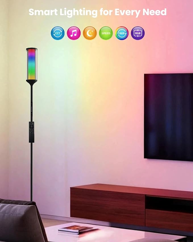 JOOFO RGB Smart Floor Lamp with Remote and Touch Control, Color Changing LED Standing Lamp with Music Sync and Dimming for Bedroom and Living Room