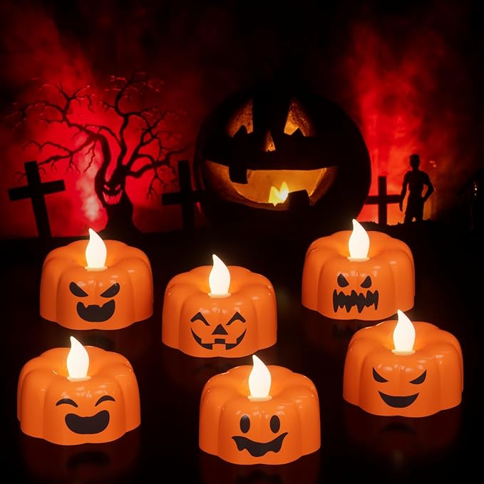 DRomance Halloween Pumpkin Lights Flameless Candles Battery Operated with Timer, 200 Hours Lasting LED Flickering Votive Tealight Candles Spooky Face Halloween Decorations Indoor(6 Pack, 1.9" x 1.6")
