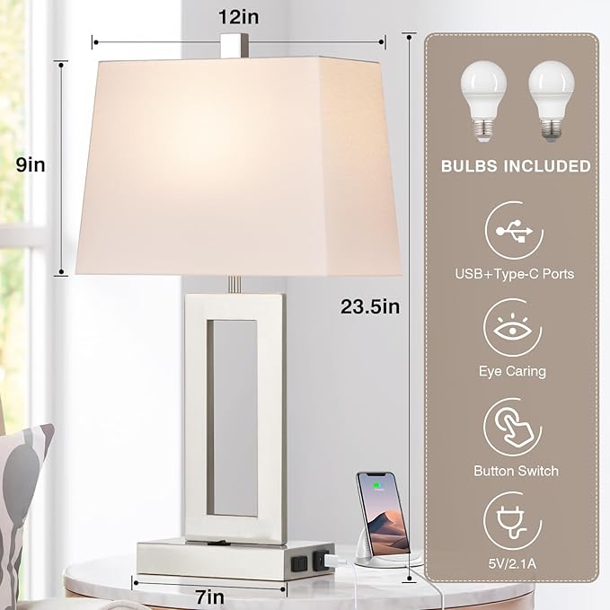 Table Lamp Set of 2 with USB C+A Ports & AC Outlet, Bedside Lamps, Modern Bedroom Lamps, Silver Lamps for Bedroom Living Room,Nightstand Lamp（Push Button Swich/NO dimming
