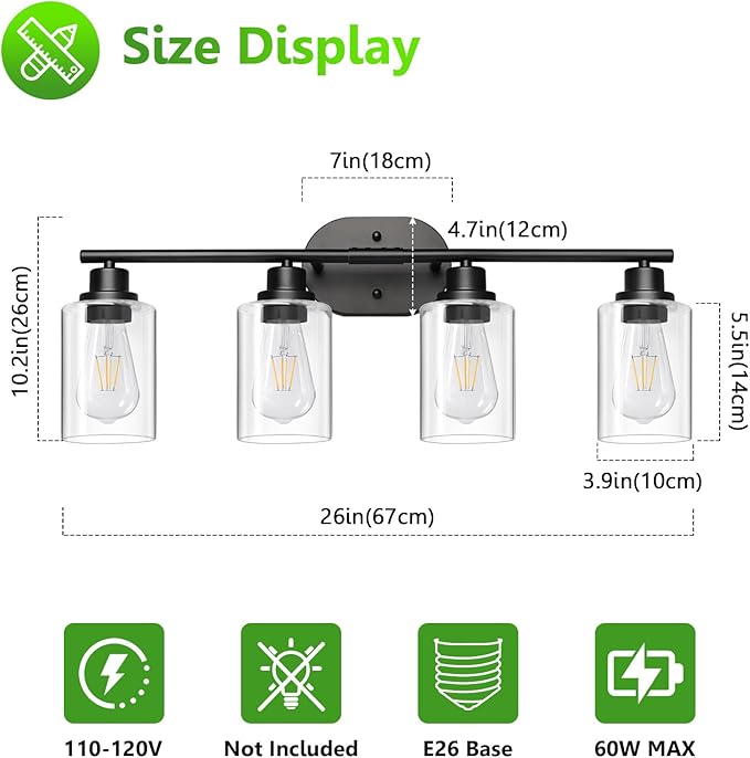 Ascher 4-Light Bathroom Light Fixtures, Modern Vanity Lights with Clear Glass Shade, Matte Black Wall Lamp for Bathroom Mirror Hallway Cabinet Porch