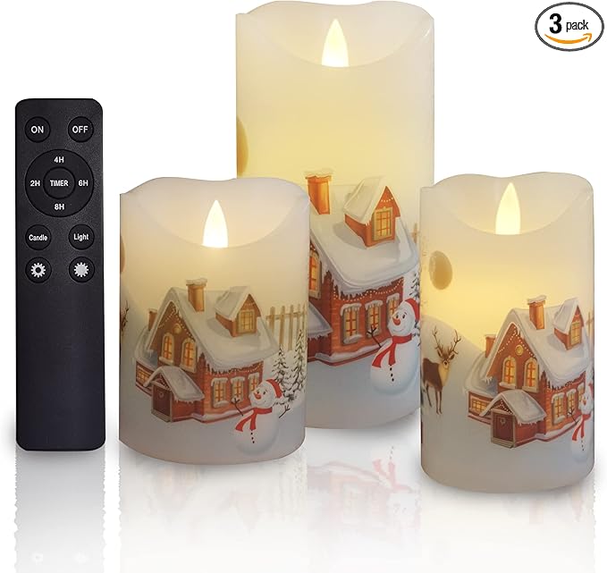 CANDLE CHOICE Christmas Flameless Candles with Remote Timer Real Wax Realistic Flickering Battery Operated Electric LED Pillars with Decals Reindeer Snowman Xmas Tree for Holiday Decorations 3 Pack