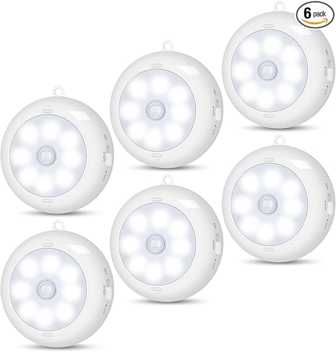 Motion Sensor Light Indoor, Under Cabinet Light, Ceiling Lights, AA Battery Operated Stick on Wireless Puck Lights for Wall, Step, Stair, Dimmable (6 Pack)