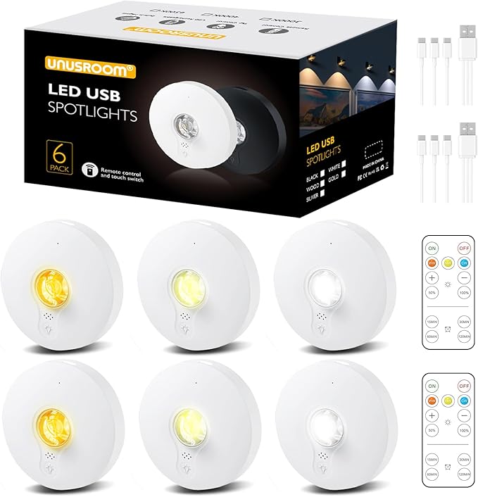Rechargeable Puck Lights,LED Under Cabinet Counter,2000mAh Battery Operated Tap Stick on Lights,Touch&Remote Controls Dimmable Wireless Closet Light for Kitchen (White-3color, 6)